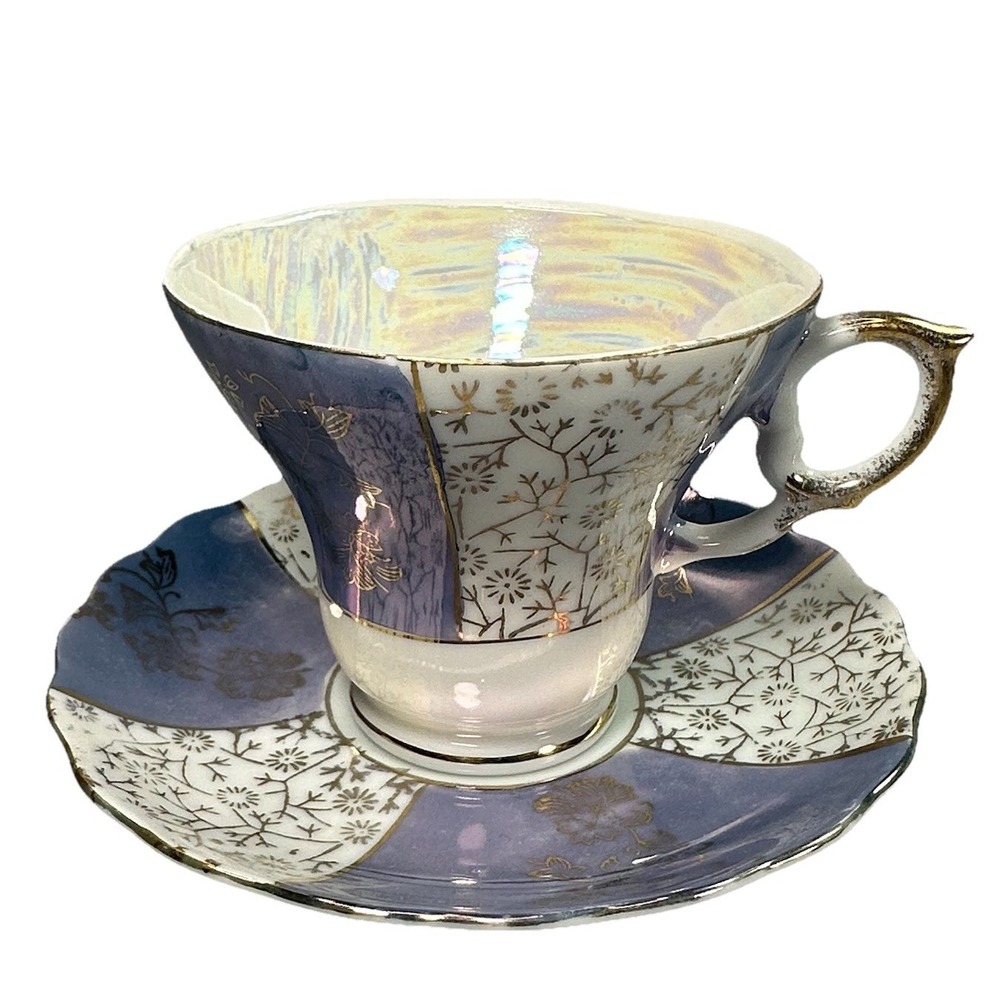 Vintage Lavender Lusterware Tea Cup Saucer Japan Gold Floral Iridescent 1950 Set